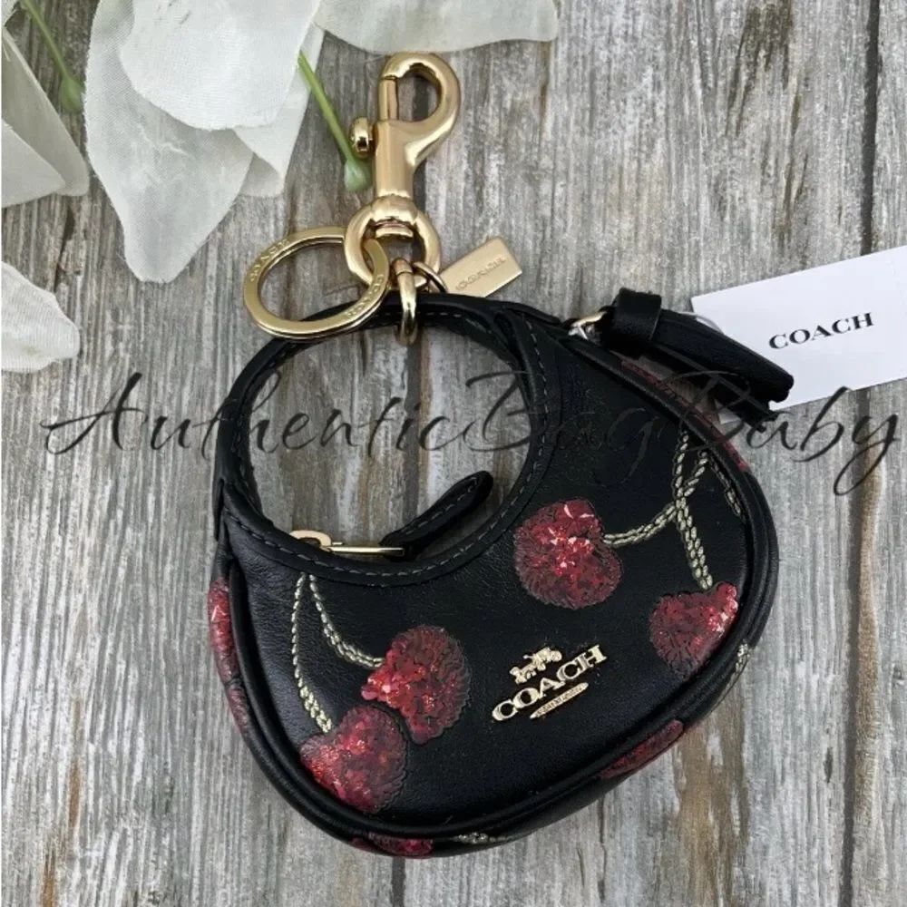 Coach Mini Carmen Bag Charm Black Cherries Leather Purse